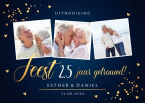 Jubileumkaart blauw & goudlook fotocollage confetti 25 jaar