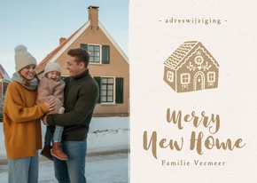 Kerst fotokaartje nieuwe woning met peperkoekhuisje beige