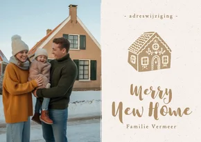 Kerst fotokaartje nieuwe woning met peperkoekhuisje beige