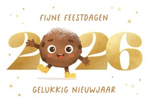 Kerst nieuwjaarskaart oliebol 2026 sterren goud vrolijk