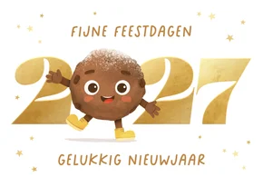 Kerst nieuwjaarskaart oliebol 2027 sterren goud vrolijk