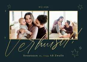 Kerst-verhuiskaart 2 foto's goud met inkt sterren