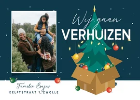 Kerst verhuiskaart kerstboom verhuisdoos kerstballen sterren