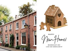 Kerst verhuiskaart met gingerbread huisje en eigen foto