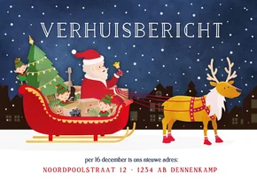 Kerst verhuiskaart met kerstman en inboedel in arrenslee