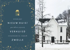 Kerst-verhuiskaartje met foto en gouden huisje
