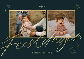 Kerstkaart 2 foto's Fijne Feestdagen goud met inkt sterren