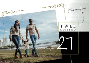 Kerstkaart 2026-2027, met foto en sterretjes in goudlook