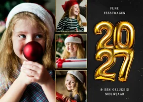 Kerstkaart 2027 folieballon fotocollage goud