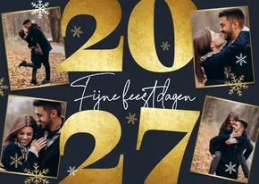 Kerstkaart 2027 goud sneeuwvlokken foto's