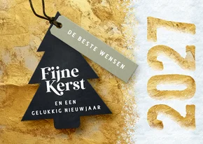 Kerstkaart 2027 in goud met kerstboom label