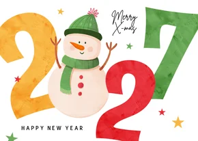 Kerstkaart 2027 merry christmas vrolijk sneeuwpop sterren