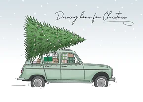 Kerstkaart auto met kerstboom