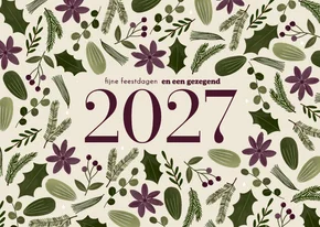 Kerstkaart botanisch bloemen groot jaartal beige 