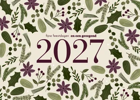 Kerstkaart botanisch bloemen groot jaartal beige