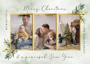 Kerstkaart collage stijlvol botanische bladeren sterren goud