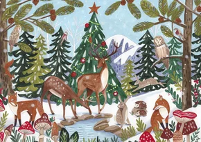 Kerstkaart dieren in het winter bos landschap