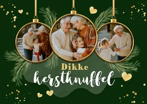 Kerstkaart dikke kerstknuffel fotocollage hartje kerstballen