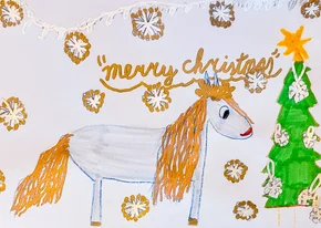 Kerstkaart Duchenne Parent Project paard en kerstboom