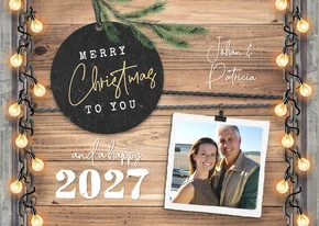 Kerstkaart engels hout industrieel label foto lampjes