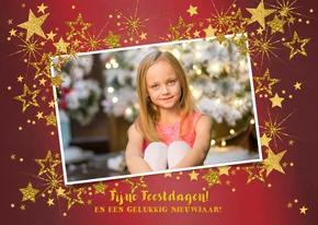 Kerstkaart foto feestelijk rood en gouden sterren