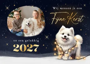 Kerstkaart foto kerst hond Samojeed puppy winter lampjes