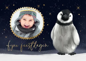 Kerstkaart foto pinguïn winter sneeuw sterren feestdagen