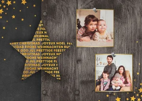 Kerstkaart fotocollage met meertalige ster en gouden sterren