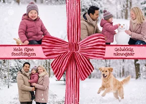 Kerstkaart fotocollage strik roze rood sneeuw hip