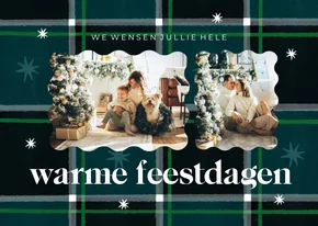 Kerstkaart gezellige feestdagen plaid patroon blauw groen