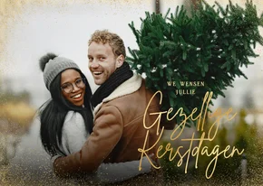 Kerstkaart grote foto en gouden rand gezellige kerstdagen