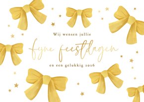 Kerstkaart hip strikjes sterren fijne feestdagen goud