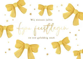 Kerstkaart hip strikjes sterren fijne feestdagen goud