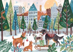Kerstkaart honden winter stad illustratie