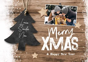 Kerstkaart hout label sneeuw kerstboom foto stoer