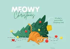 Kerstkaart humor kat kerstboom kerstballen