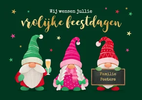 Kerstkaart kabouters vrolijke feestdagen sterretjes