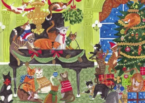 Kerstkaart katten muziek piano feest illustratie