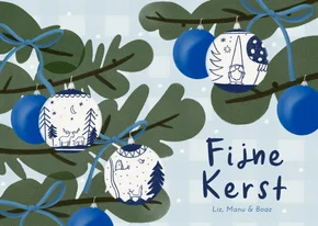Kerstkaart kerstboom kerstballen blauwe strikken fijne kerst