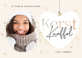 Kerstkaart kerstknuffel met foto goudlook en kerstbal hartje