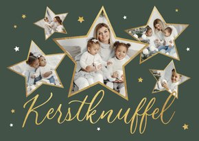 Kerstkaart kerstknuffel sterren fotocollage goud liefde