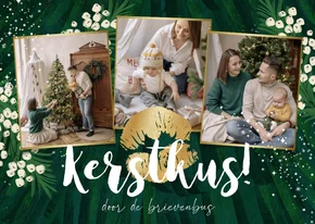 Kerstkaart ‘Kerstkus’ fotocollage kerstboom takken goud