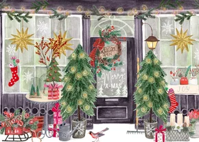 Kerstkaart kerstwinkel met kerstbomen