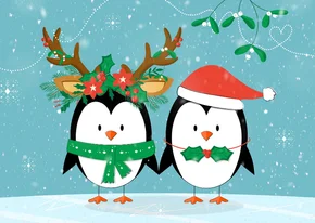 Kerstkaart liefdevol happy pinguïns kerstoutfit sneeuw ijs 