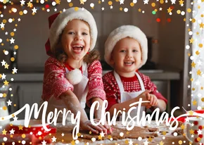 Kerstkaart liggend gouden sterren met confetti en foto