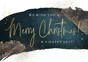 Kerstkaart ‘Merry Christmas’goudlook watercolour glitter