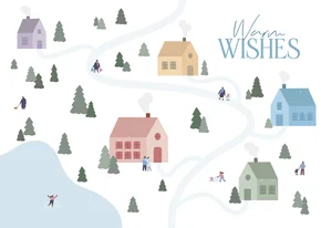 Kerstkaart met dorpje met huisjes in de sneeuw