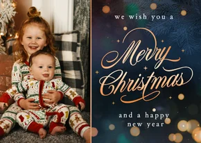 Kerstkaart met eigen foto - donkerblauw met lampjes