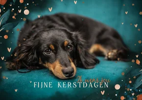 Kerstkaart met foto en kader met hartjes takjes en besjes