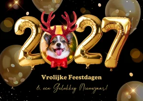 Kerstkaart met gouden heliumballonnen, eigen foto en props